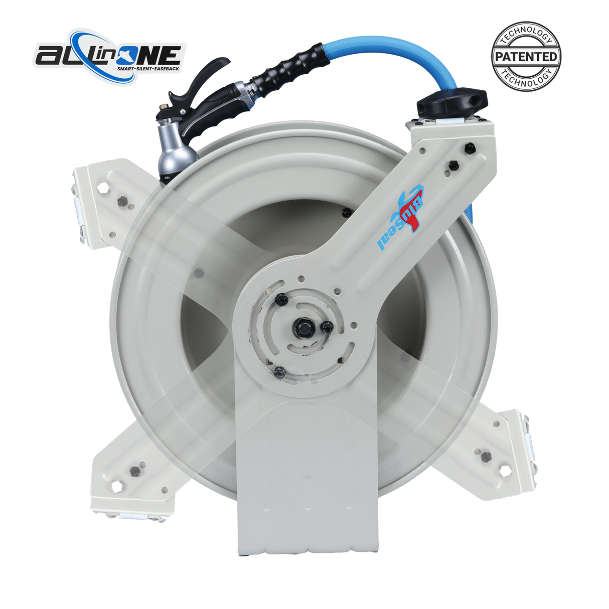 BluSeal 5/8" x 50' Rubber Water Hose Reel with 6' Lead-in-Hose, 180° Swivel Mount (All in One Design, Patented Technology)