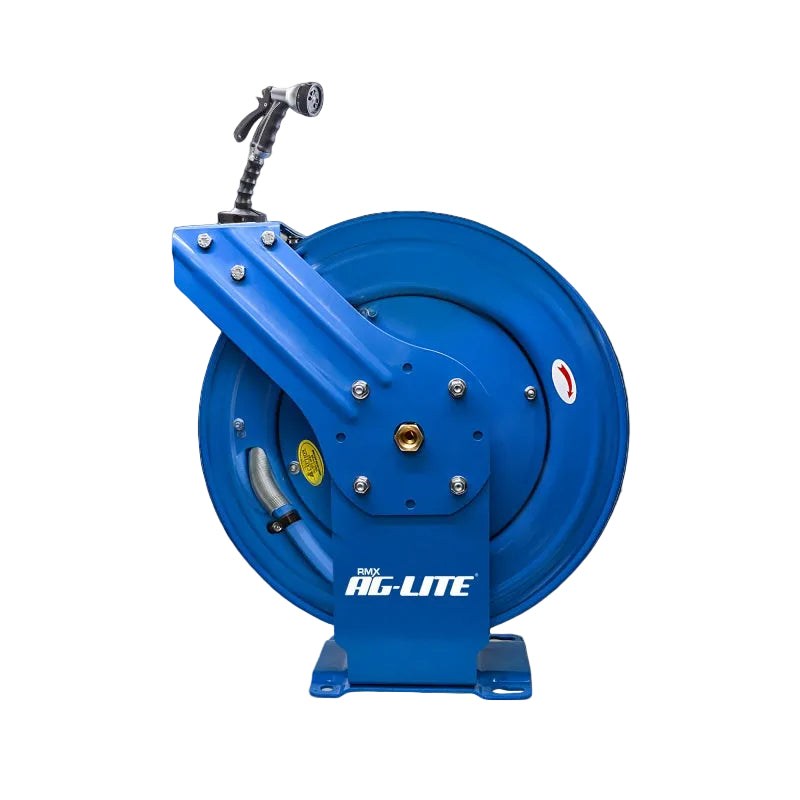 AG-Lite Rubber Water Hose Reel 5/8” x 100’ Retractable Dual Arm Heavy Duty, Hot/ Cold Water Hose, Spray Nozzle, 6' Lead-in Hose