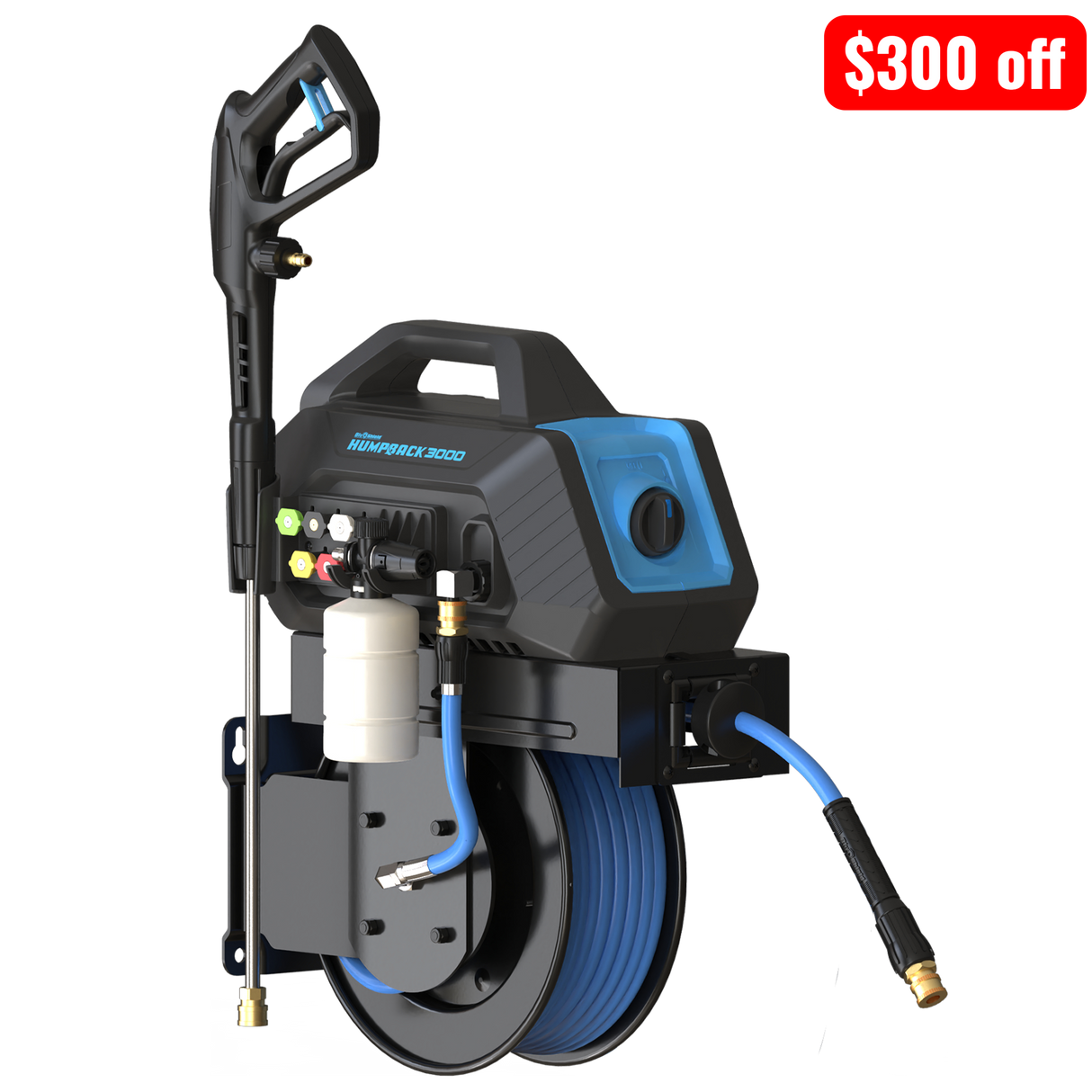 BluShield HumpBack 3000PSI All-in-One Pressure Washer System, Auto-Retractable Hose Reel, Industrial Pump, Accessories