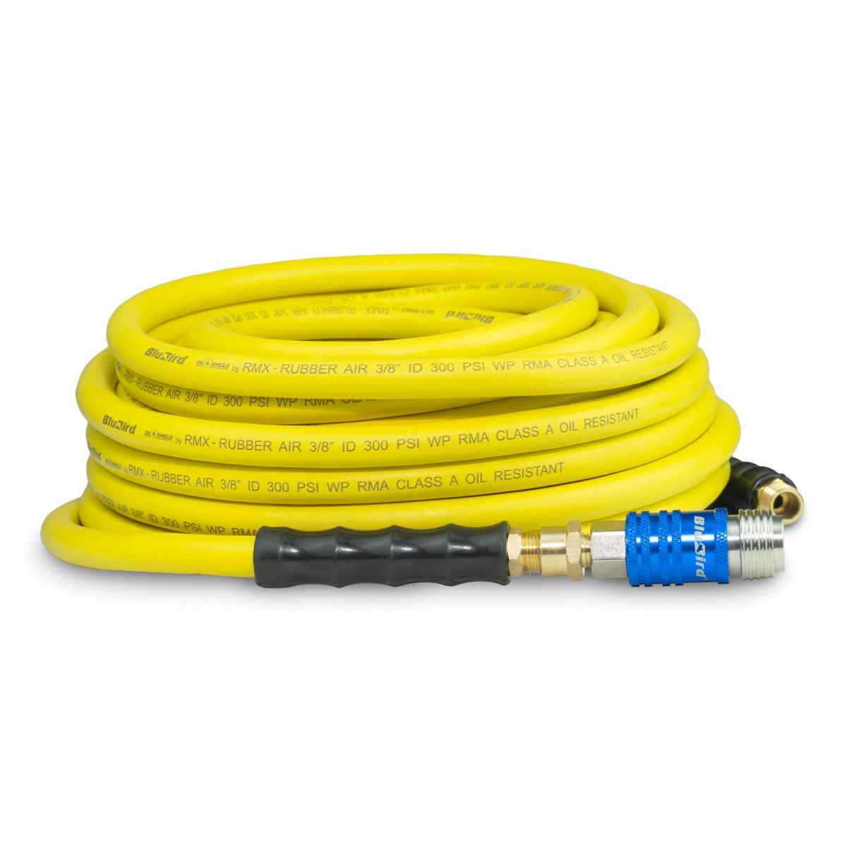 OilShield Rubber Air Hose 3/8" X 50' - 3/8" Male-NPT, 300 PSI, Nitrile Class A with Universal 5 in 1 coupler