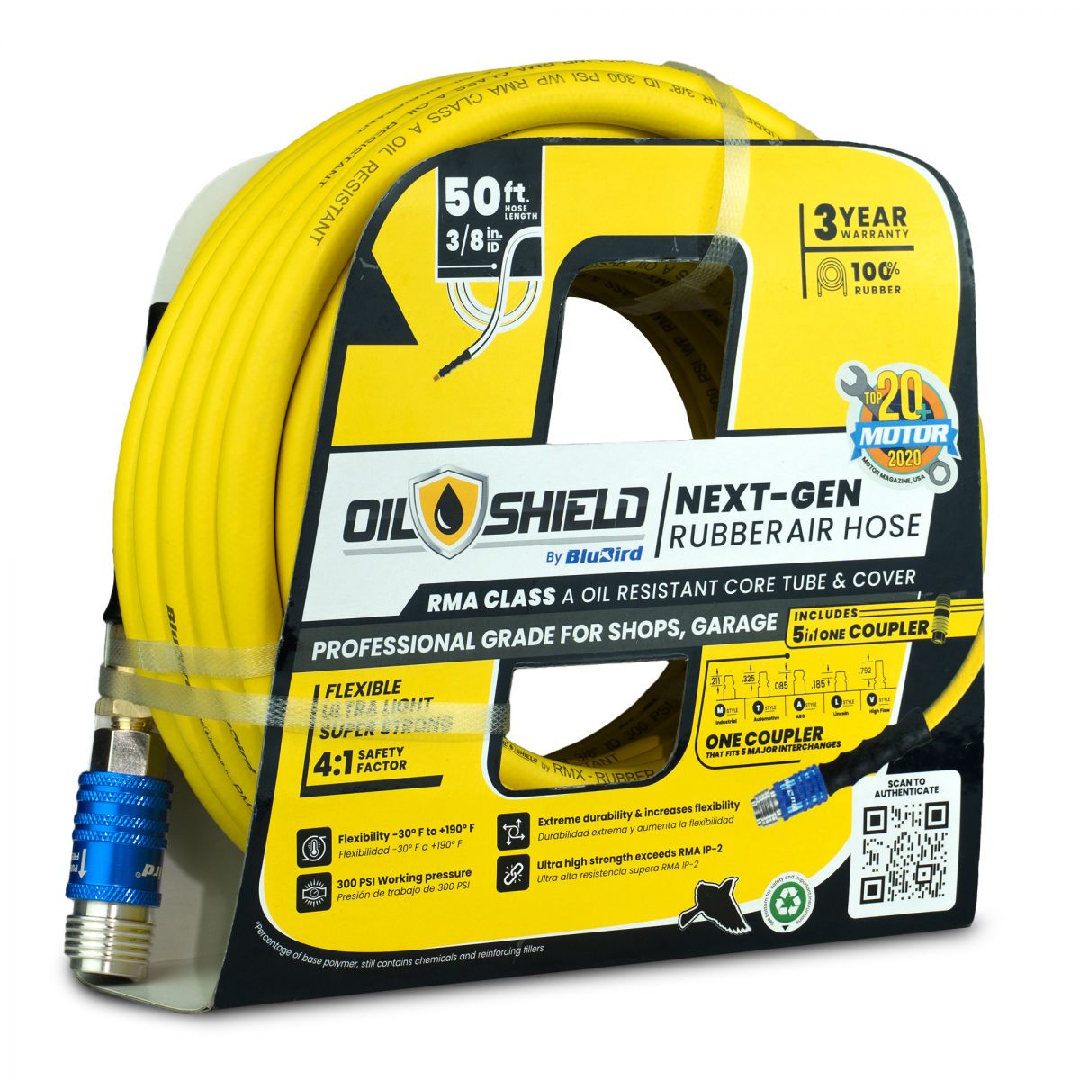 OilShield 3/8" x 50' Oil-Resistant Rubber Air Hose with Universal 5-in-1 Safety Coupler for for M/ V/ A/ T/ L Style plugs