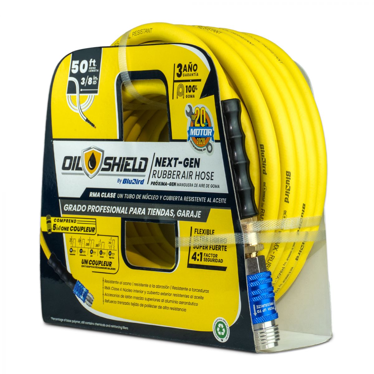 OilShield Rubber Air Hose 3/8" X 50' - 3/8" Male-NPT, 300 PSI, Nitrile Class A with Universal 5 in 1 coupler