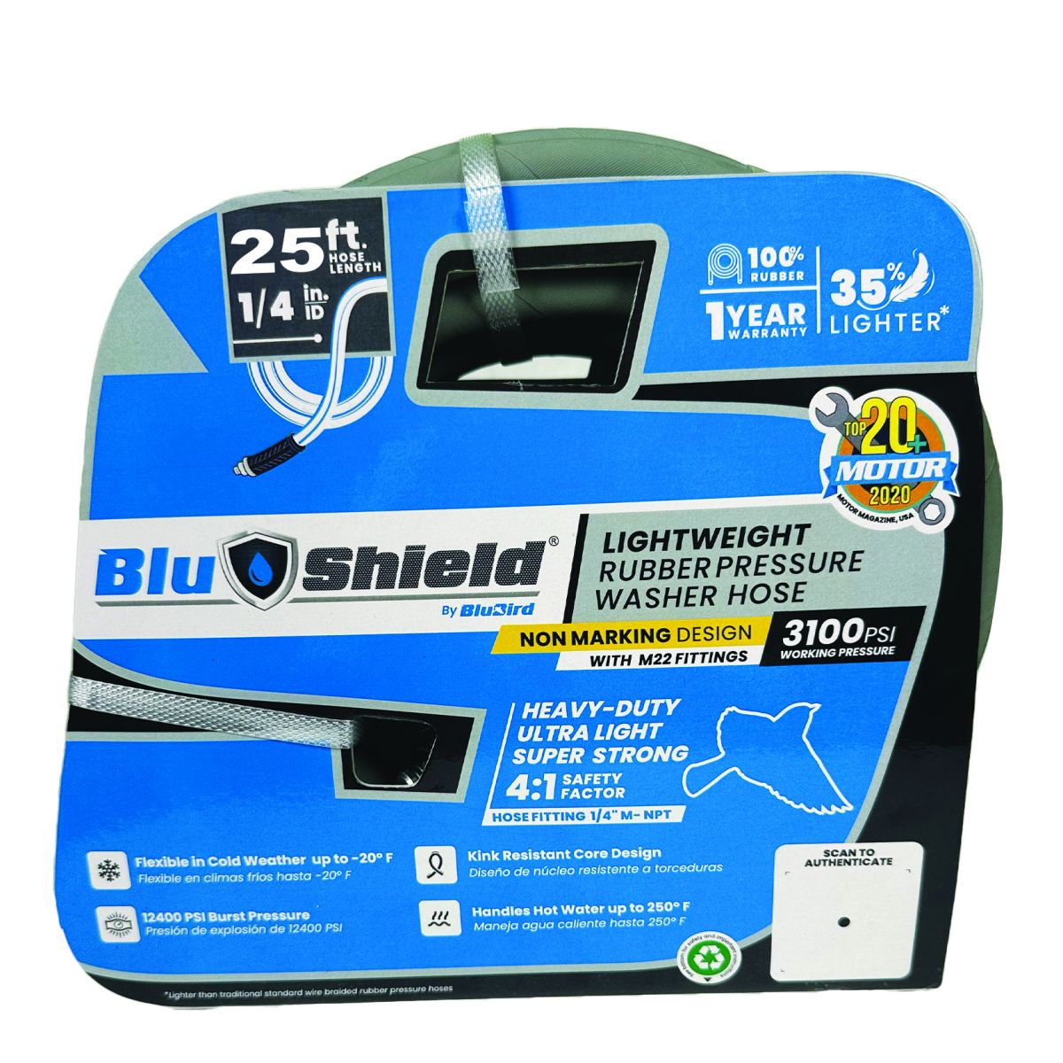 BluShield Rubber Pressure Washer Hose Assembly 1/4" X 25' w/ M22 Fittings Non Marking (3000:12000 PSI)