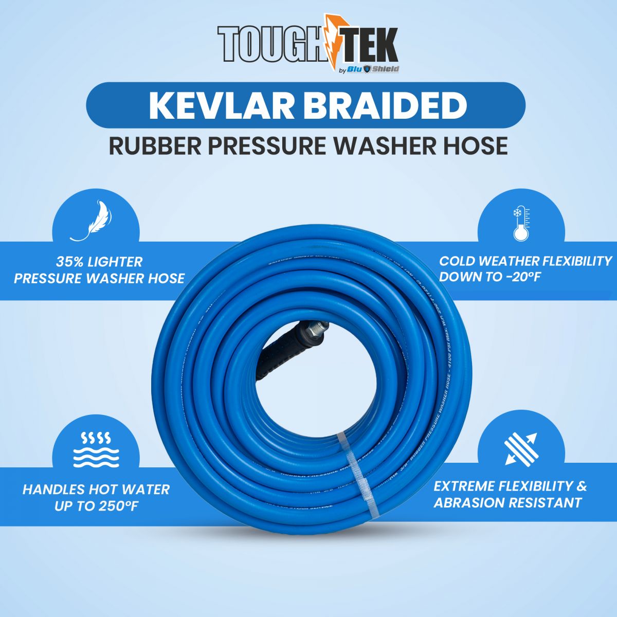 ToughTek 3/8" Aramid Braided Pressure Washer Hose 4100PSI, Non Marking, MNPT Fixed + Swivel (Hot/ Cold Water)