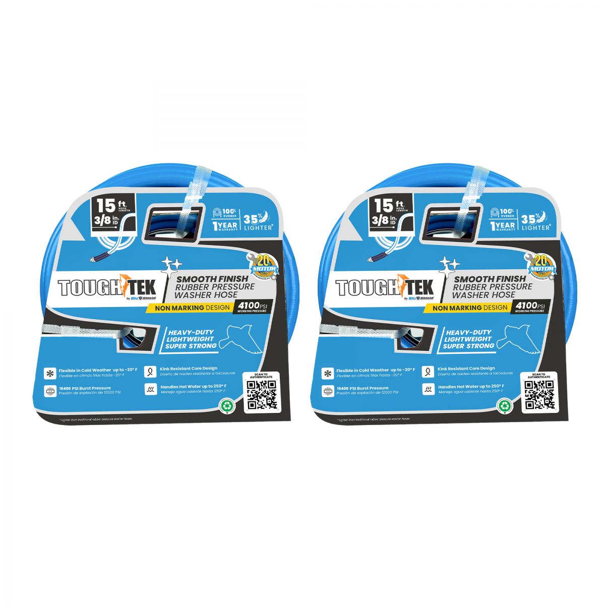 Blu Shield Tough Tek Rubber Pressure Washer Hose 3/8" X 15' (4000:16000 PSI) 2 Pack