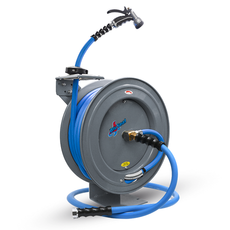 BluSeal Garden Hose Reel 5/8" x 50' Retractable Heavy Duty Steel Construction with Garden Hose, Spray Nozzle, 6' Lead-in Hose