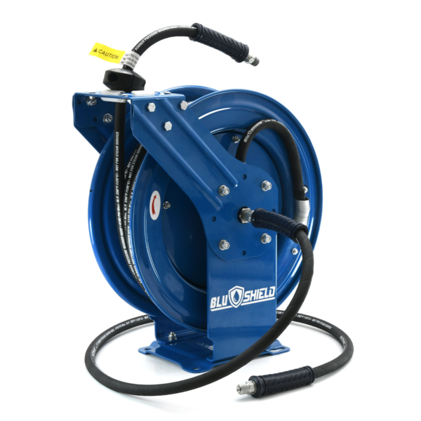 BluShield Heavy Duty Pressure Washer Hose Reel with Aramid Braided Hose 6 Lead in Hose 50 Feet Rubber