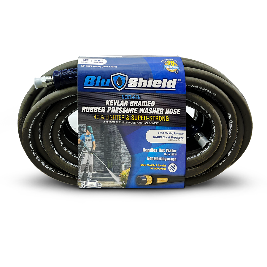 BluShield Aramid Braided 3/8" Rubber Pressure Washer Hose 4100PSI , Backed By 1 yr Warranty