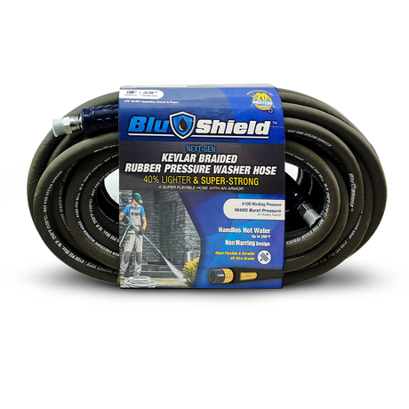 BluShield Aramid Braided 3/8" Rubber Pressure Washer Hose with Quick Connect Coupler Plug, 4100PSI, 1 Yr Warranty, Size - 100ft & 50 Ft