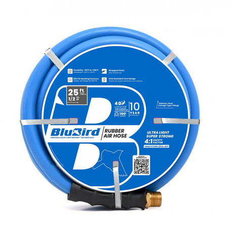 BluBird Rubber Air Hose 1/2 in. Heavy Duty 300 PSI Male NPT Polyester Woven Lightest Strongest Flexible