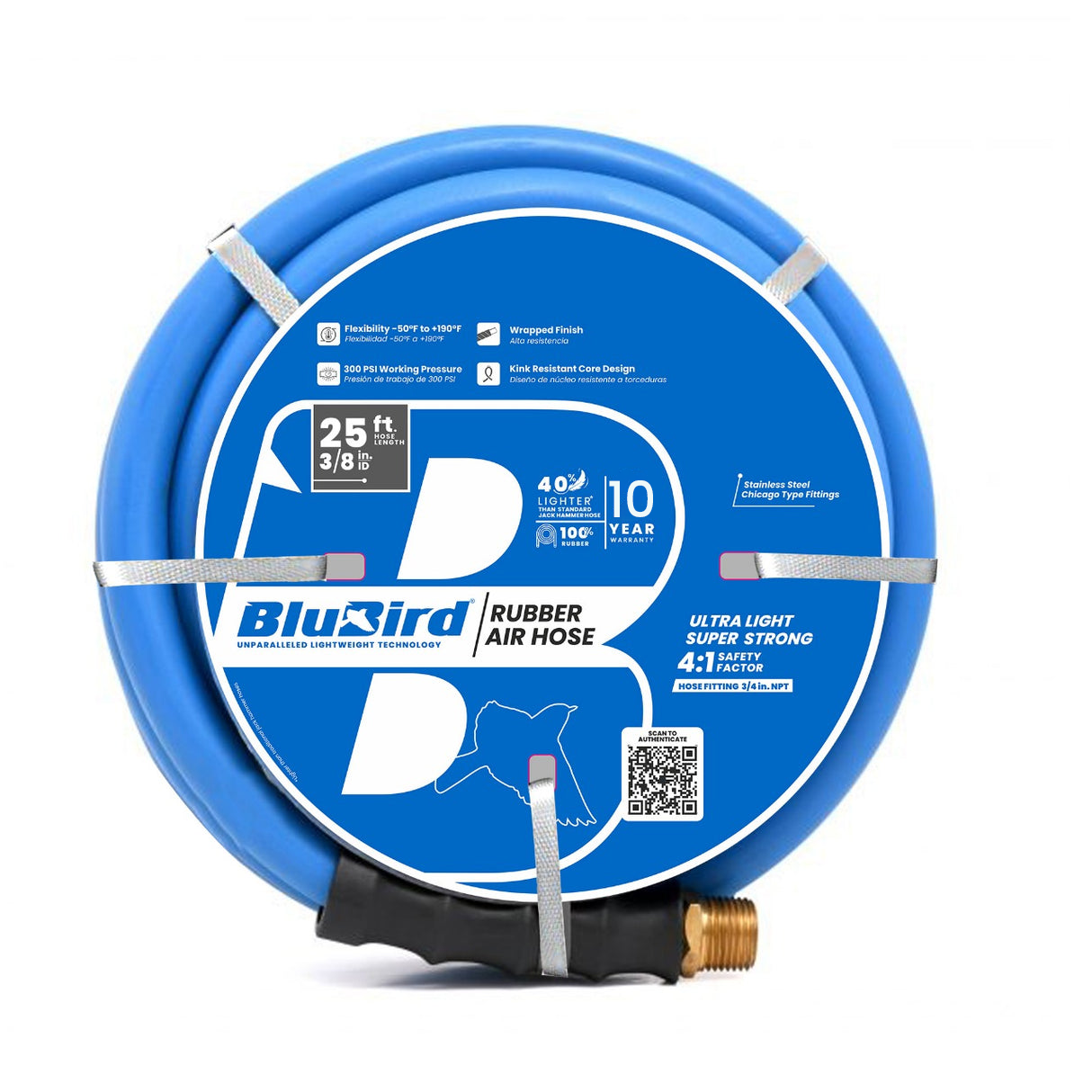BluBird Rubber Air Hose 3/8 in. Heavy Duty 300 PSI Male NPT Polyester Woven Lightest Strongest Flexible
