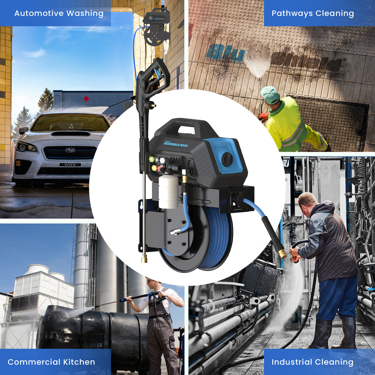BluShield HumpBack 3000PSI All-in-One Pressure Washer System, Auto-Retractable Hose Reel, Industrial Pump, Accessories
