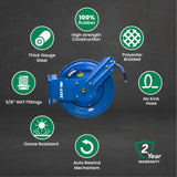 AG-Lite Rubber Water Hose Reel 5/8” x 100’ Retractable Dual Arm Heavy Duty, Hot/ Cold Water Hose, Spray Nozzle, 6' Lead-in Hose