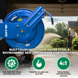 AG-Lite Rubber Water Hose Reel 5/8” x 100’ Retractable Dual Arm Heavy Duty, Hot/ Cold Water Hose, Spray Nozzle, 6' Lead-in Hose
