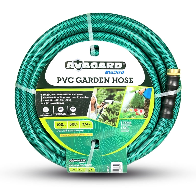 Avagard PVC Water Hose Assembly, 3/4" Male and Female GHT Fittings. 500 PSI Burst Rating. Includes Extra Washer and Bend Restrictor