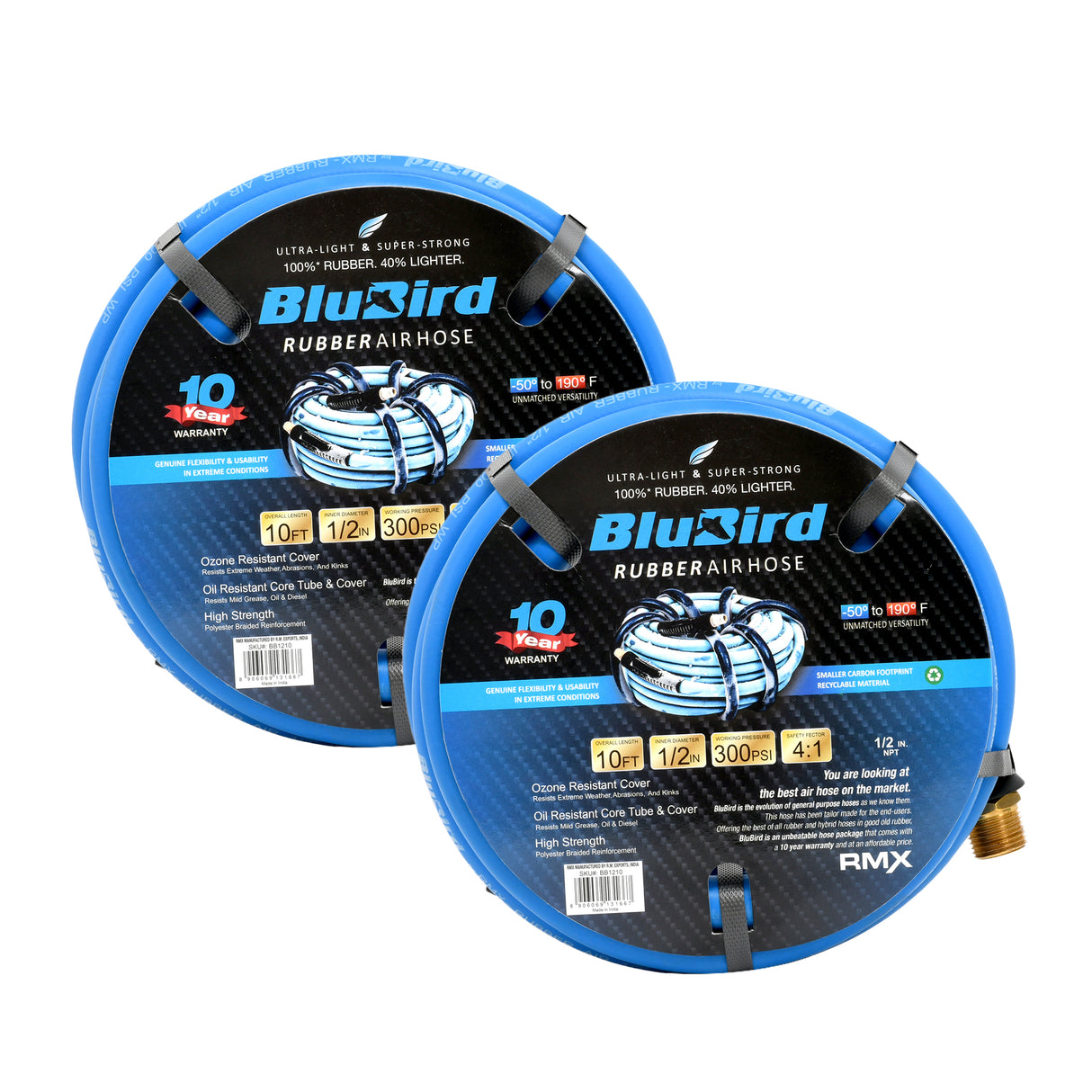 BluBird Rubber Air Hose 1/2 in. Heavy Duty 300 PSI Male NPT Polyester Woven Lightest Strongest Flexible