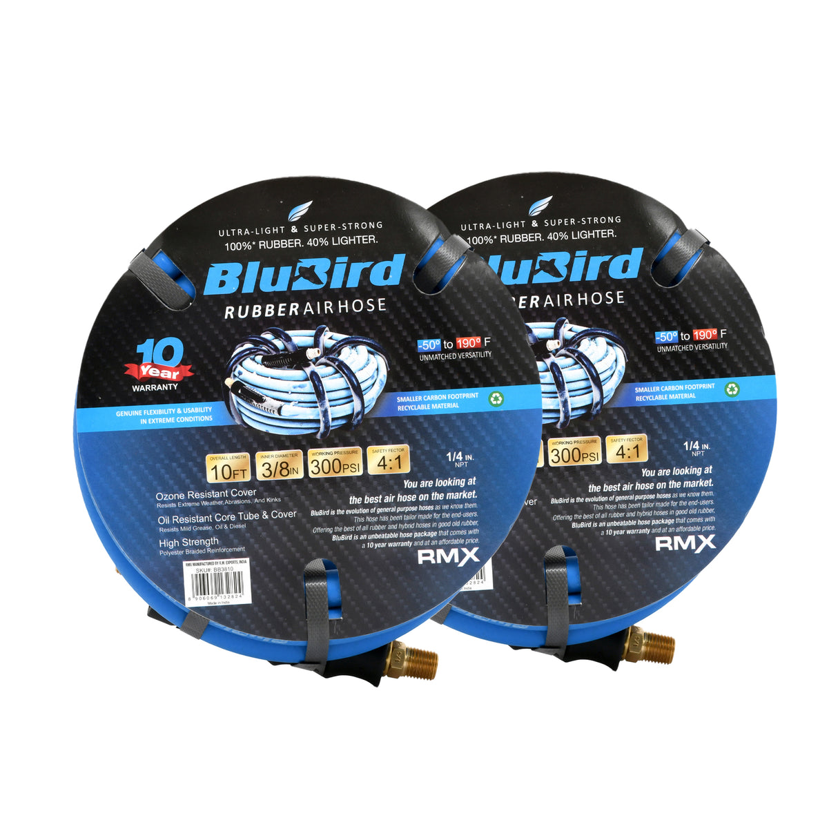 BluBird Rubber Air Hose 3/8 in. Heavy Duty 300 PSI Male NPT Polyester Woven Lightest Strongest Flexible