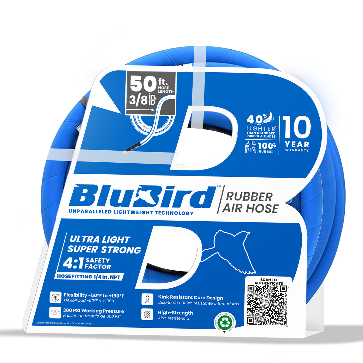 BluBird Rubber Air Hose 3/8 in. Heavy Duty 300 PSI Male NPT Polyester Woven Lightest Strongest Flexible