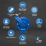 BluBird 3/8" Retractable Air Hose Reel with Hybrid Air Hose, 300 PSI, Powder-Coated Steel, 12-Point Ratchet Lock, Wall/Ceiling Mount, Brass Fittings