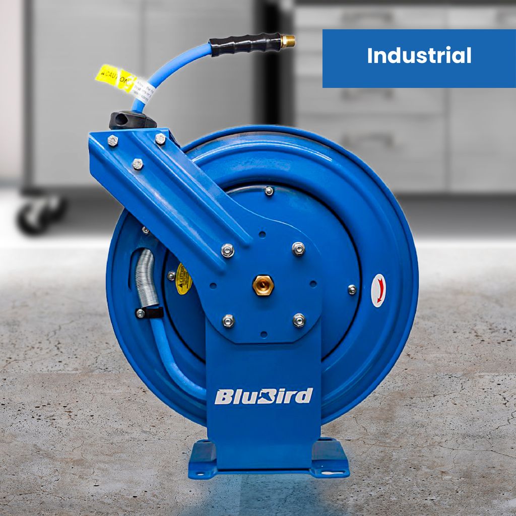 BluBird 3/8" Retractable Air Hose Reel with Hybrid Air Hose, 300 PSI, Powder-Coated Steel, 12-Point Ratchet Lock, Wall/Ceiling Mount, Brass Fittings