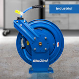 BluBird 3/8" Retractable Air Hose Reel with Hybrid Air Hose, 300 PSI, Powder-Coated Steel, 12-Point Ratchet Lock, Wall/Ceiling Mount, Brass Fittings