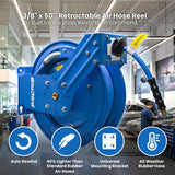 BluBird 3/8" Retractable Air Hose Reel with Hybrid Air Hose, 300 PSI, Powder-Coated Steel, 12-Point Ratchet Lock, Wall/Ceiling Mount, Brass Fittings