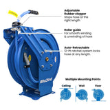 BluBird 3/8" Retractable Air Hose Reel with Hybrid Air Hose, 300 PSI, Powder-Coated Steel, 12-Point Ratchet Lock, Wall/Ceiling Mount, Brass Fittings