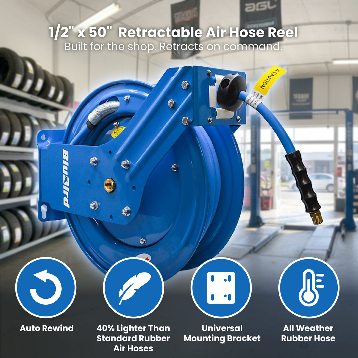 BluBird Air Hose Reel 1/2" Retractable Dual Arm Heavy Duty with Rubber Hose 300 PSI