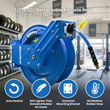 BluBird Air Hose Reel 1/2" Retractable Dual Arm Heavy Duty with Rubber Hose 300 PSI