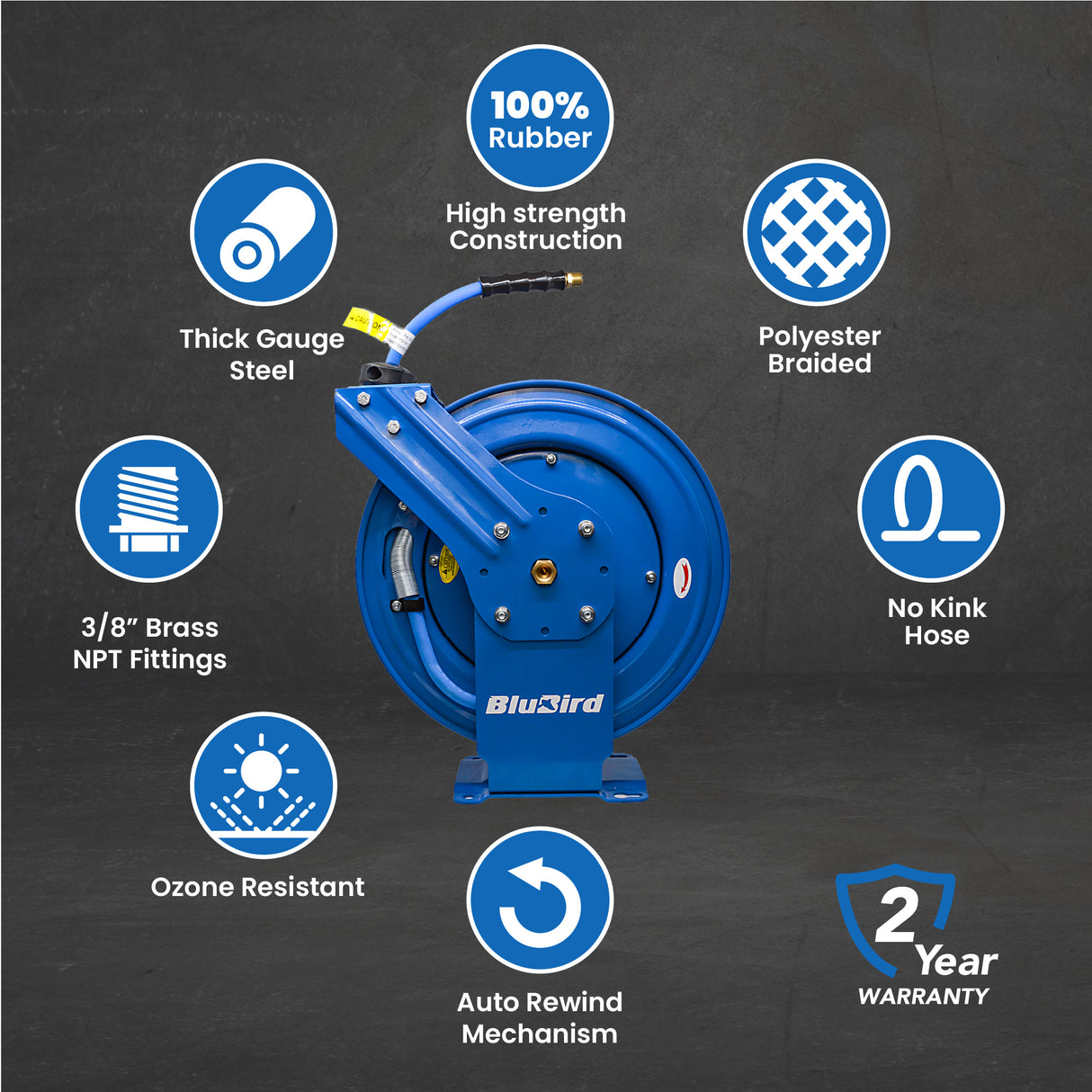 BluBird Air Hose Reel 3/8" Retractable Dual Arm Heavy Duty with Rubber Hose 300 PSI