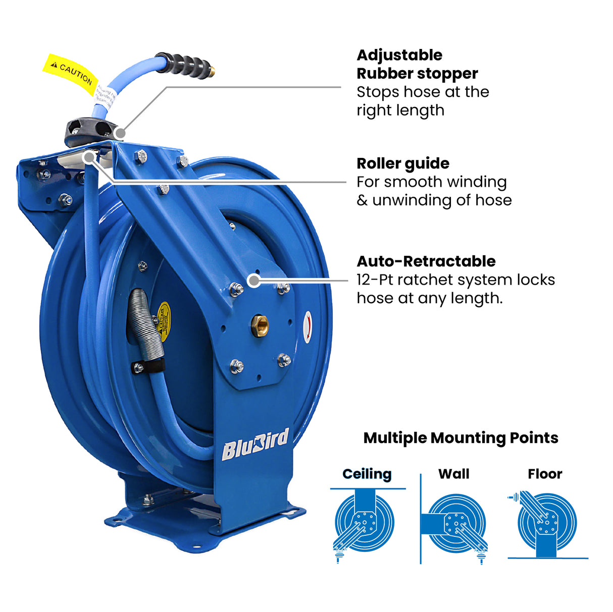 BluBird Air Hose Reel 3/8" Retractable Dual Arm Heavy Duty with Rubber Hose 300 PSI