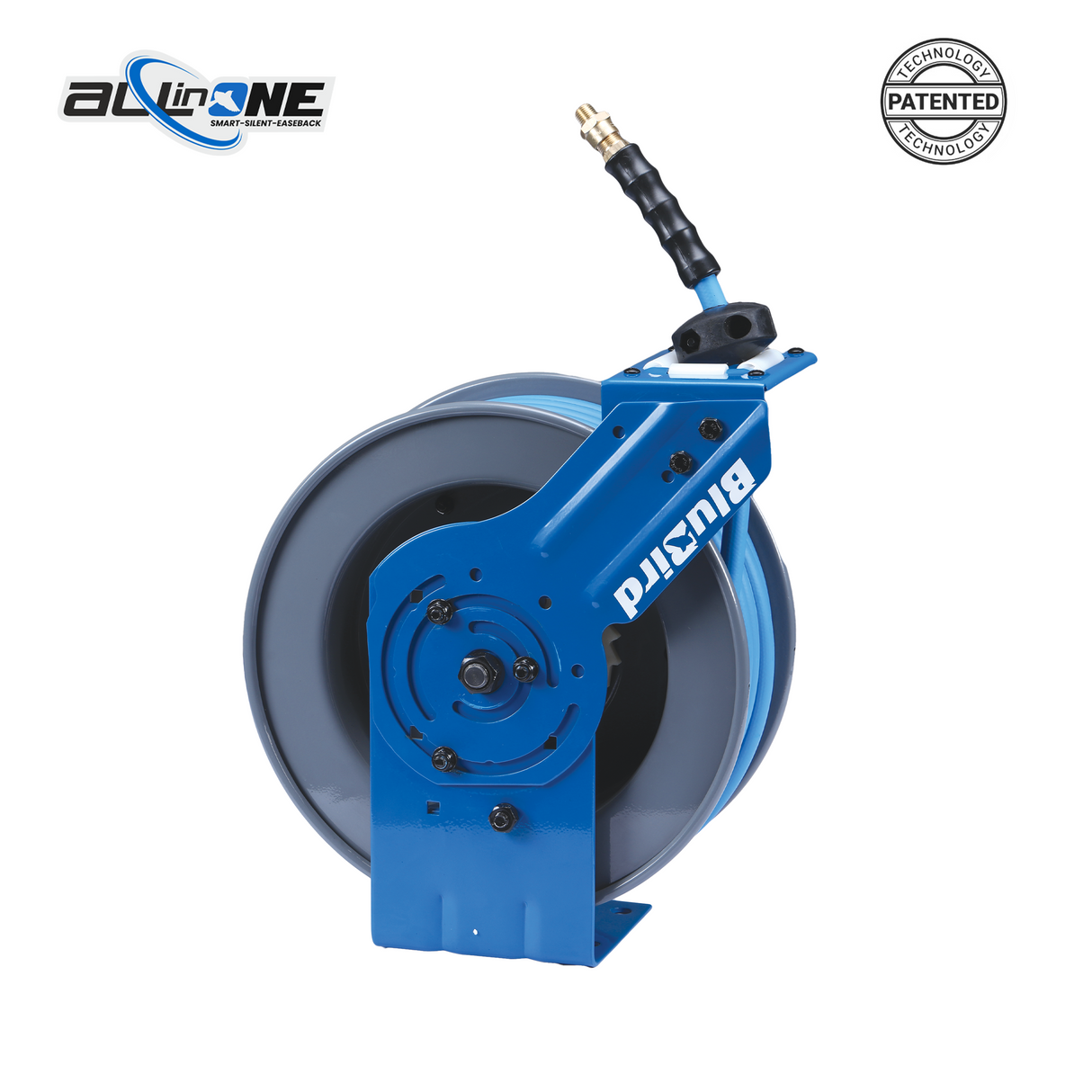 BluBird 3/8" x 50' Rubber Air Hose Reel with 3' Lead-in-Hose, 180° Swivel Mount, 5-In-1 Coupler (All in One Design, Patented Technology)