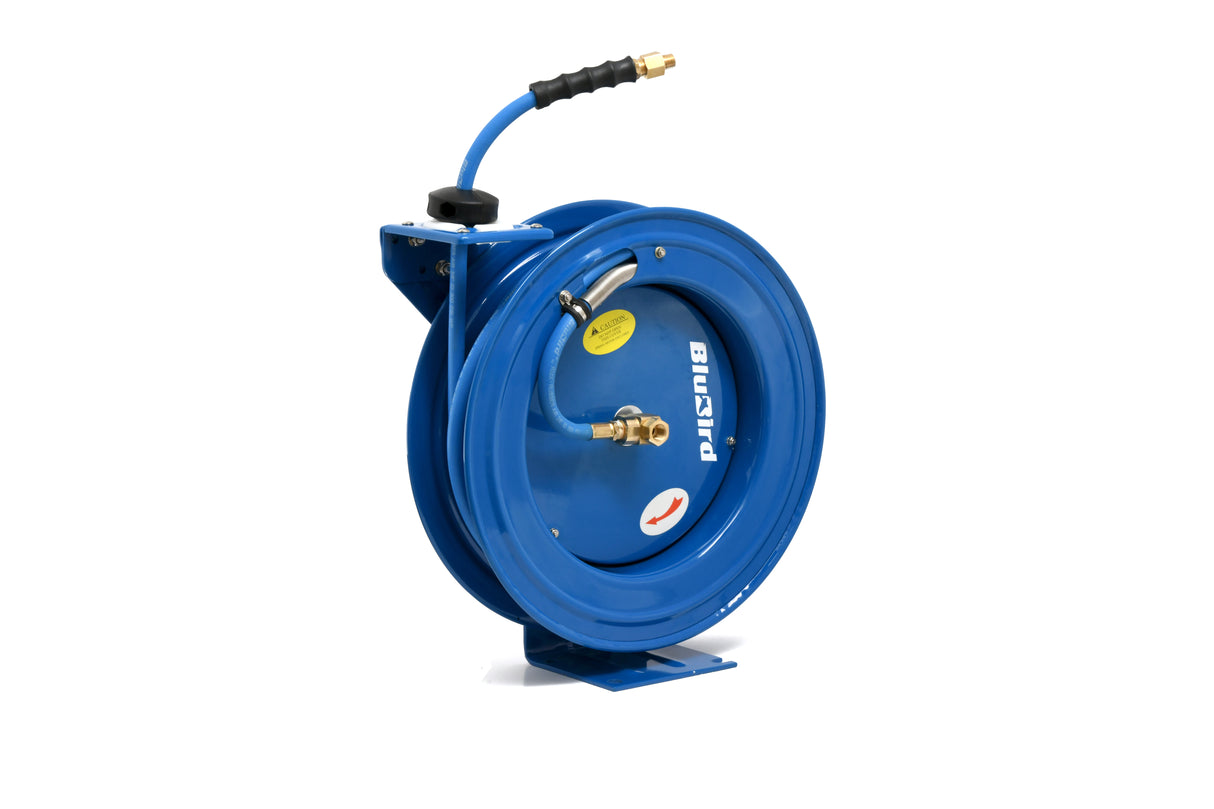 BluBird Air Hose Reel 3/8" Retractable Heavy Duty Steel Construction with Rubber Hose 300 PSI