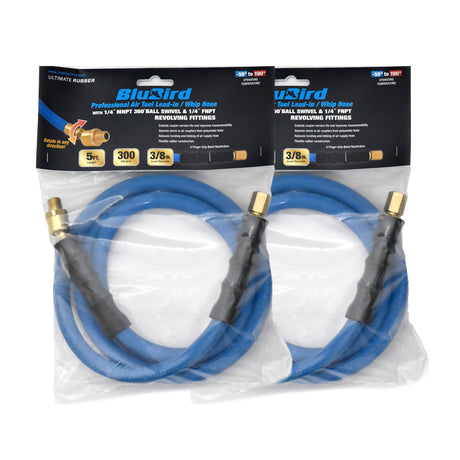 BluBird 3/8" x 5' Swivel Ball Rubber Whip Hose with 1/4" Brass NPT Fittings