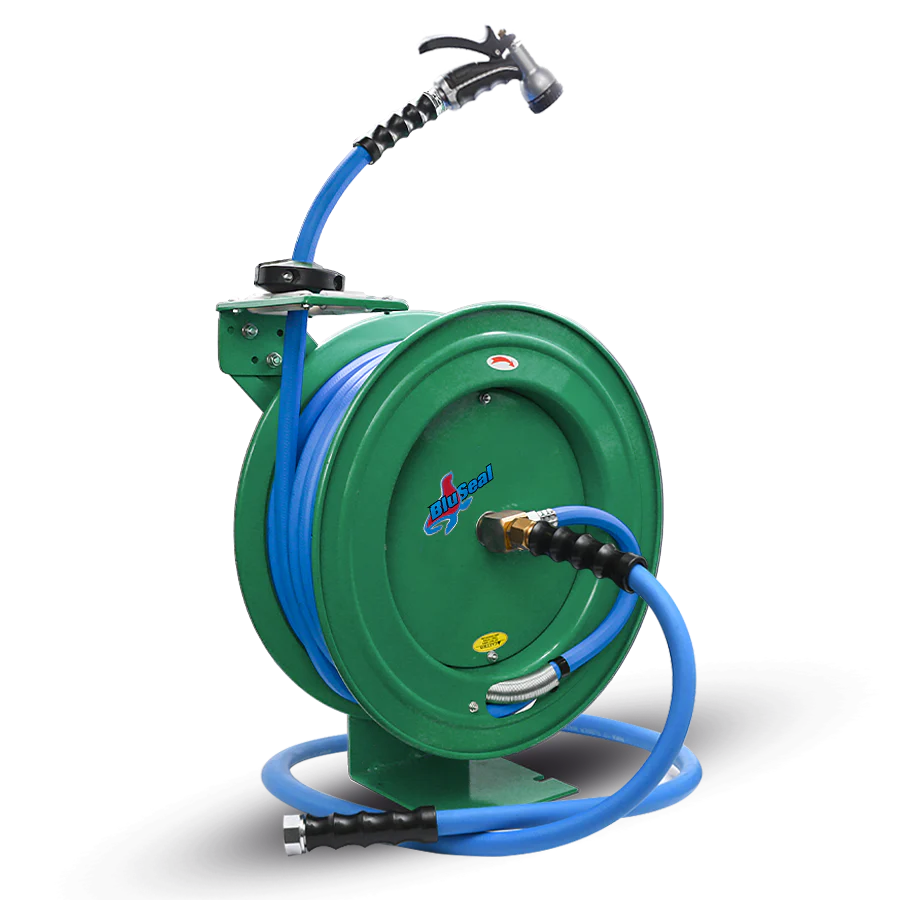 AG-Lite Rubber Water Hose Reel 3/4” x 50’ Retractable Heavy Duty, Hot/ Cold Water Hose, Spray Nozzle, 6' Lead-in Hose