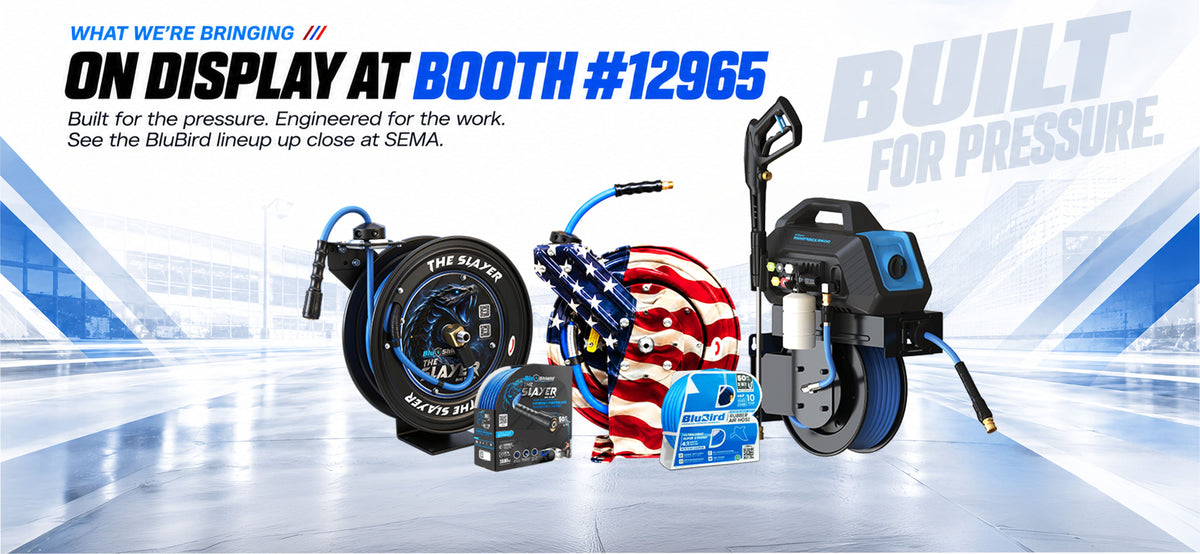 On display at Booth #12965 — The Slayer hose reel, Stars and Stripes reel, BluBird air hose and pressure washer