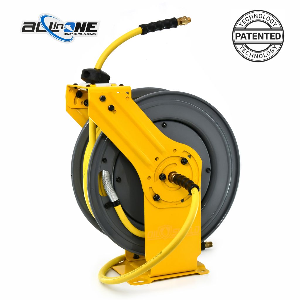 OilShield 1/2" x 50' Rubber Air Hose Reel with 3' Lead-in-Hose, 5-In-1 Coupler (All in One Design, Patented Technology)