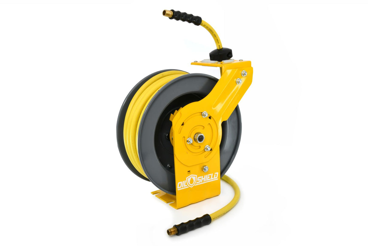 OilShield 3/8" x 50' Rubber Air Hose Reel with 3' Lead-in-Hose, 180° Swivel Mount, 5-In-1 Coupler (All in One Design, Patented Technology)