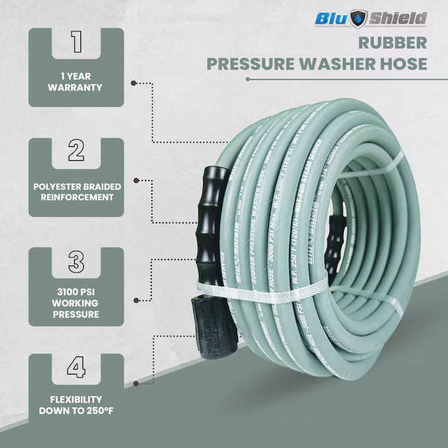 BluShield Rubber Pressure Washer Hose Assembly 1/4" w/ M22 Fittings Non Marking (3000:12000 PSI)