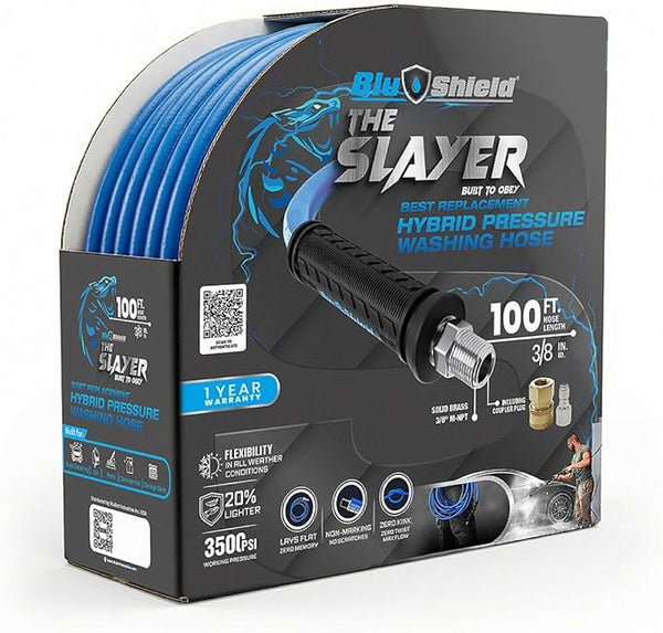 Blu Shield The Slayer Hybrid Pressure Washing Hose 3/8" X 100' with Coupler/Plug -Blue