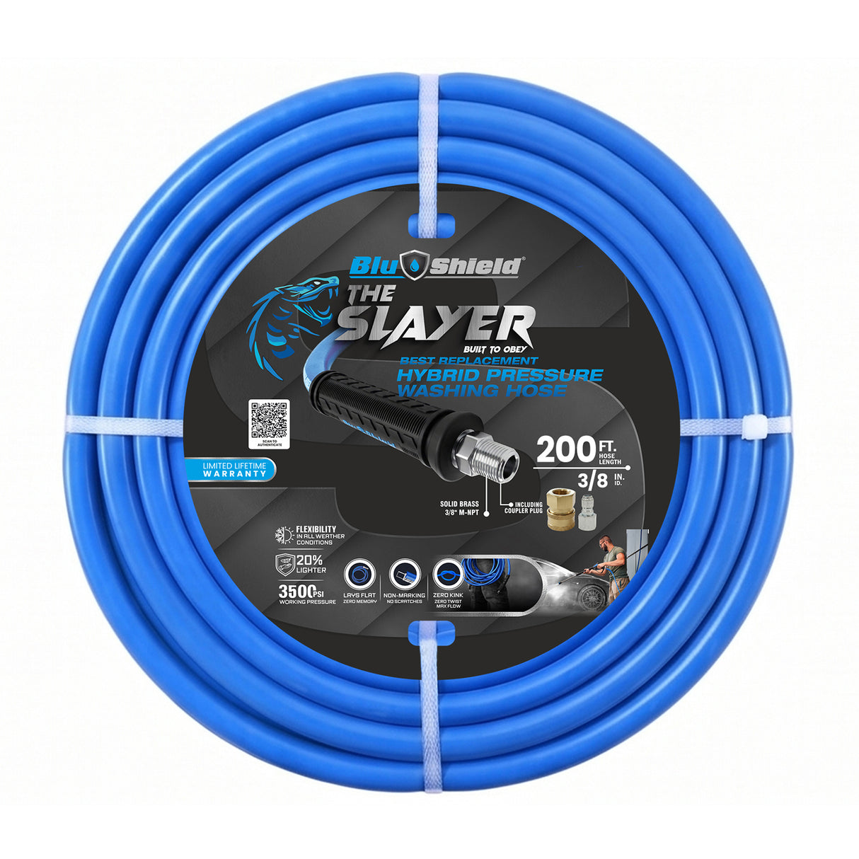 Blu Shield The Slayer Hybrid Pressure Washing Hose 3/8" X 200' with Coupler/Plug - Blue