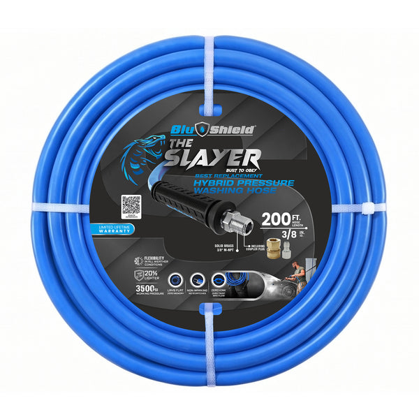 Blu Shield The Slayer Hybrid Pressure Washing Hose 3/8" X 200' with Coupler/Plug - Blue