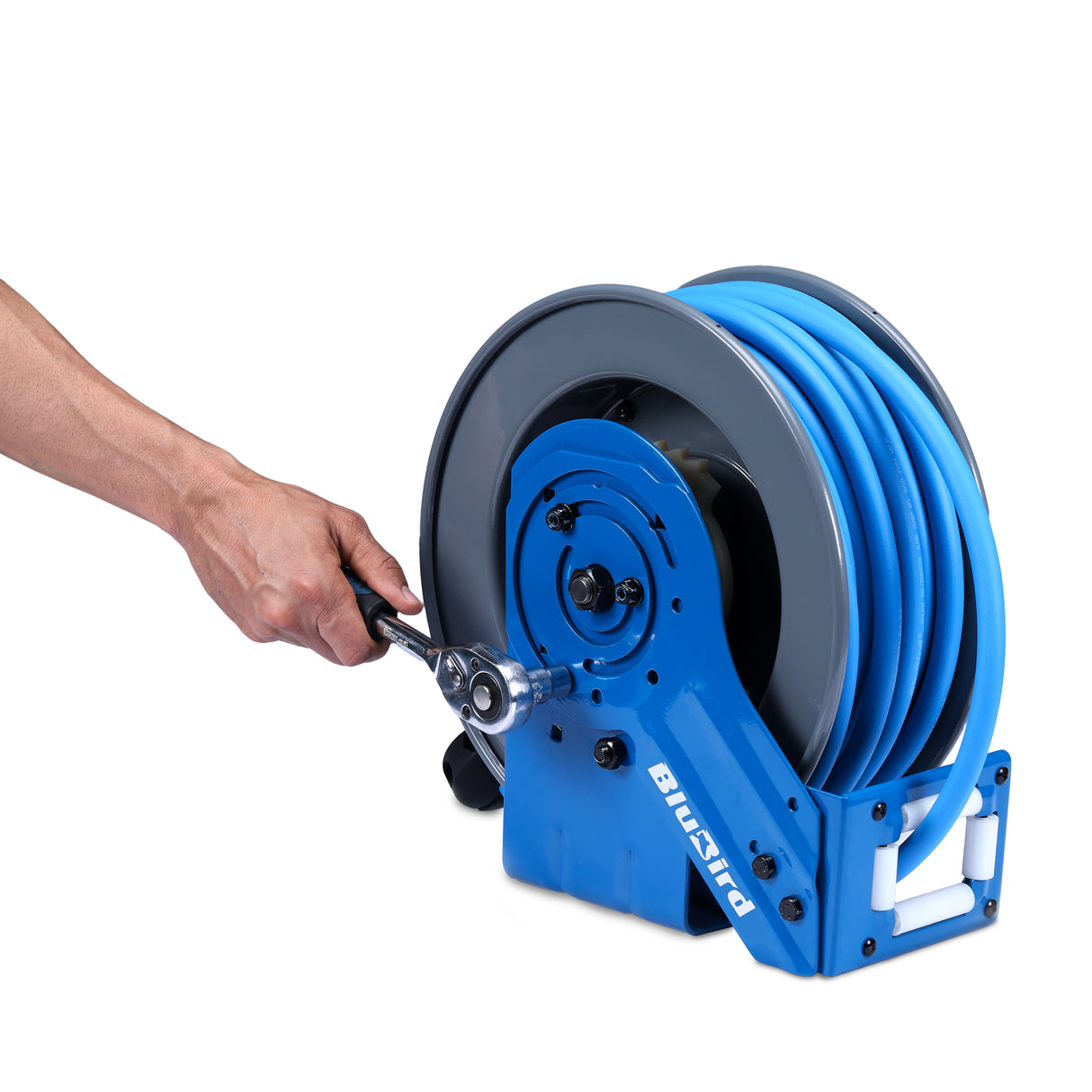 BluBird 3/8" x 50' Rubber Air Hose Reel with 3' Lead-in-Hose, 180° Swivel Mount, 5-In-1 Coupler (All in One Design, Patented Technology)