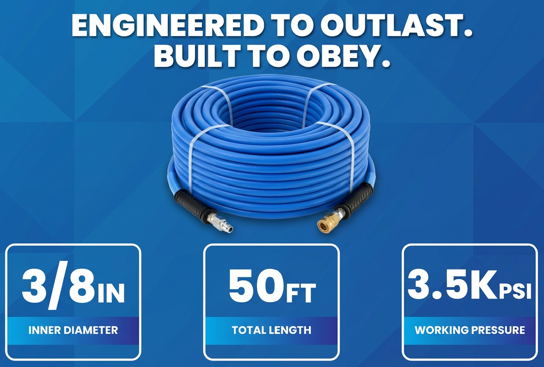 Blu Shield The Slayer Hybrid Pressure Washing Hose 3/8" X 50' with Coupler/Plug -Blue