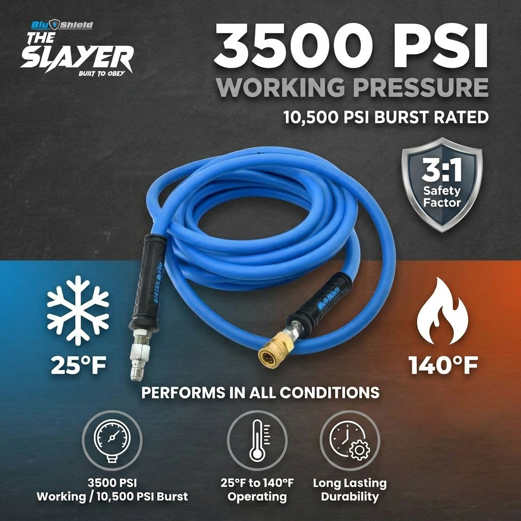 Blu Shield The Slayer Hybrid Pressure Washing Hose 3/8" X 200' with Coupler/Plug - Blue