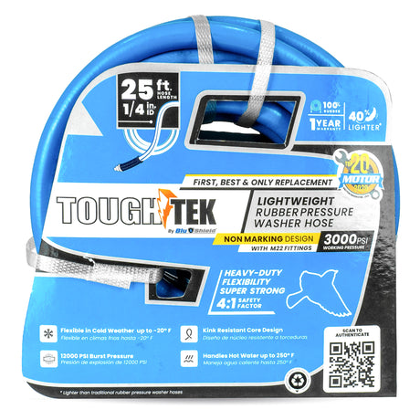 ToughTek 1/4" Pressure Washer Hose 3000PSI, Non Marking, M22 Connectors (Hot/ Cold Water)