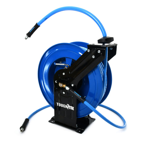 Dévidoir de tuyau de nettoyeur haute pression en caoutchouc BluShield Tough Tek de 3/8 po (double bras) avec tuyau d'alimentation de 6 pieds