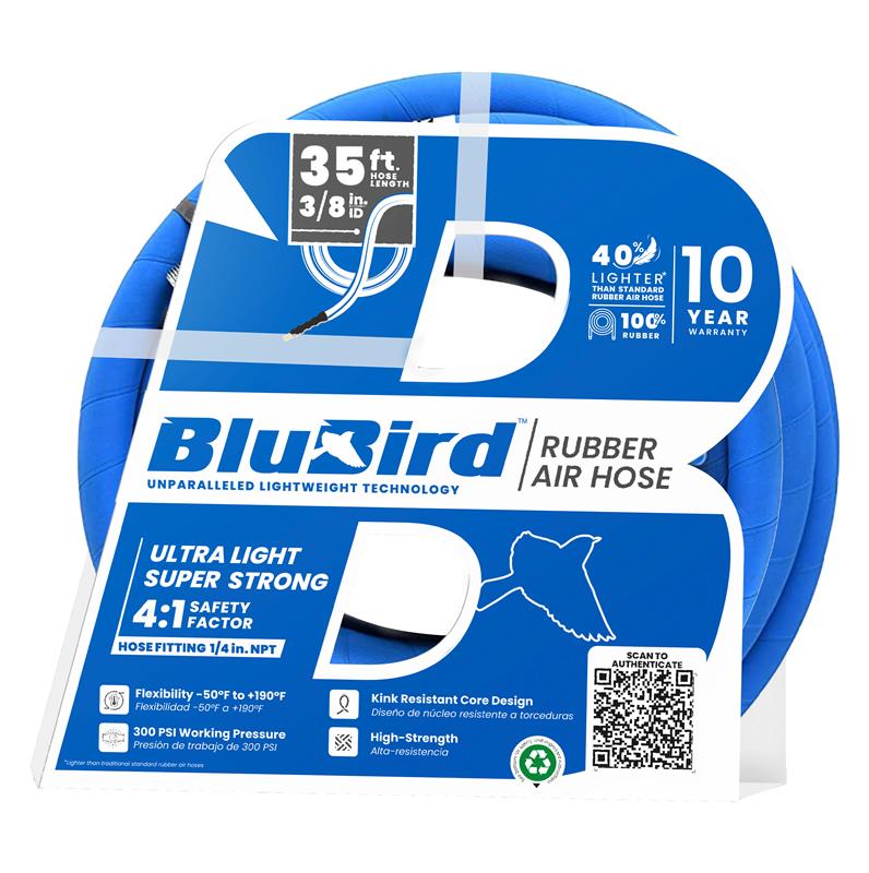 BluBird Rubber Air Hose 3/8 in. Heavy Duty 300 PSI Male NPT Polyester Woven Lightest Strongest Flexible