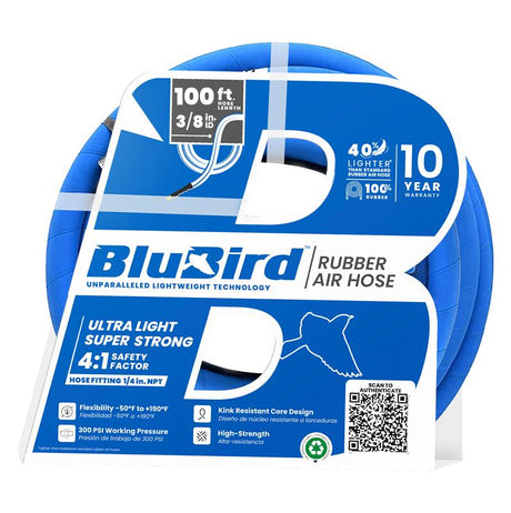 BluBird Rubber Air Hose 3/8 in. Heavy Duty 300 PSI Male NPT Polyester Woven Lightest Strongest Flexible
