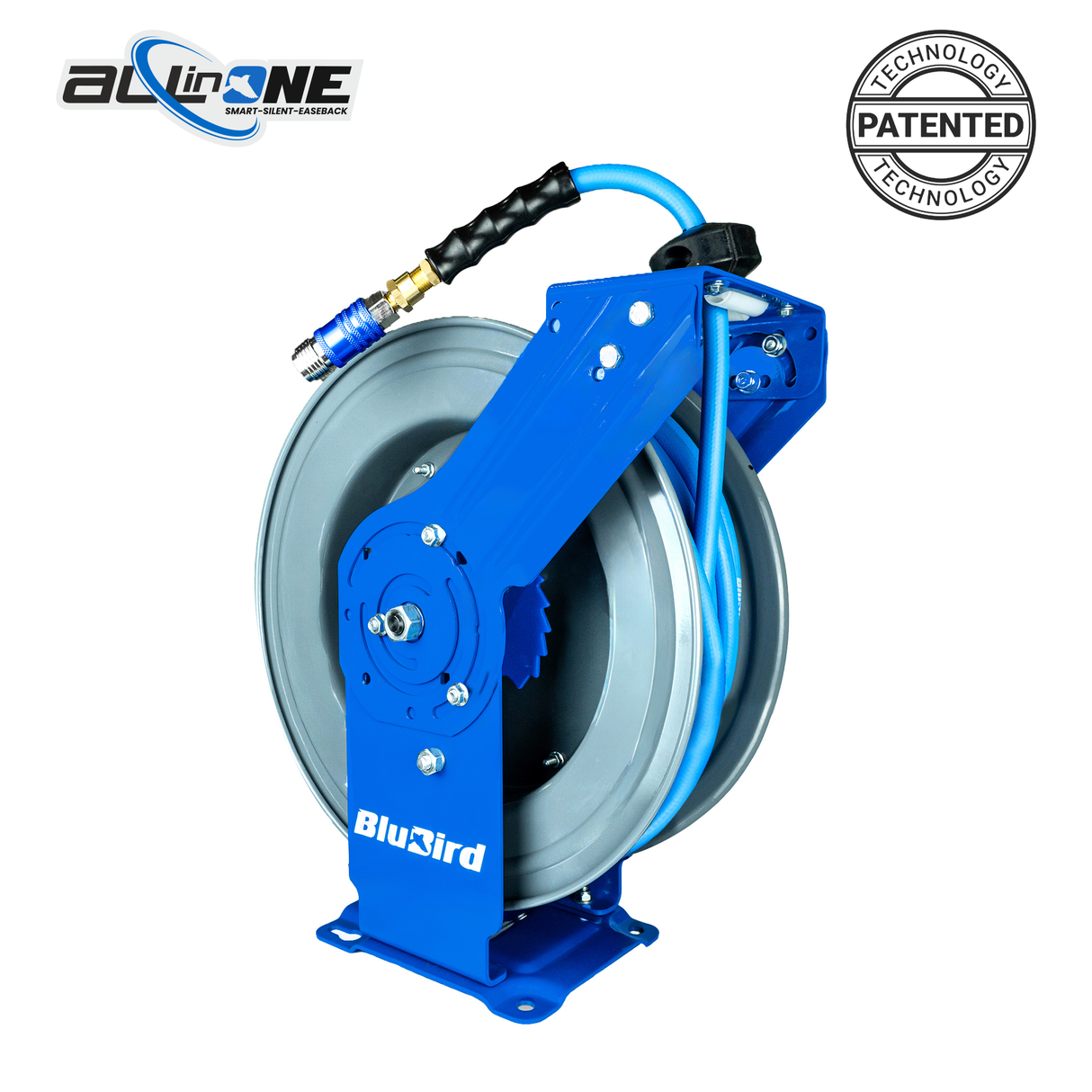 BluBird 1/2" x 100' Rubber Air Hose Reel with 3' Lead-in-Hose, 5-In-1 Coupler (All in One Design, Patented Technology)